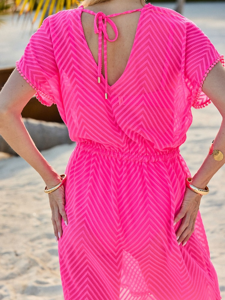 Sosandar Pink Chevron Tie Waist Kaftan - Image 5 of 5