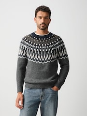 Szary - Fair Isle Pattern Knitted Crew Neck Jumper - Obraz 1 z 5
