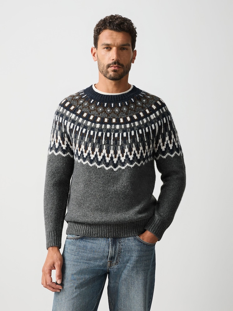 Szary - Fair Isle Pattern Knitted Crew Neck Jumper - Obraz 1 z 5 Szary - Fair Isle Pattern Knitted Crew Neck Jumper - Obraz 1 z 5