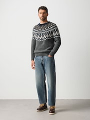 Szary - Fair Isle Pattern Knitted Crew Neck Jumper - Obraz 2 z 5
