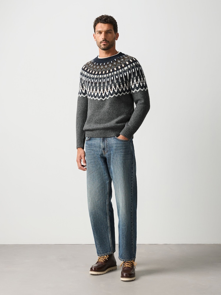 Szary - Fair Isle Pattern Knitted Crew Neck Jumper - Obraz 2 z 5 Szary - Fair Isle Pattern Knitted Crew Neck Jumper - Obraz 2 z 5