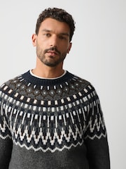Szary - Fair Isle Pattern Knitted Crew Neck Jumper - Obraz 4 z 5