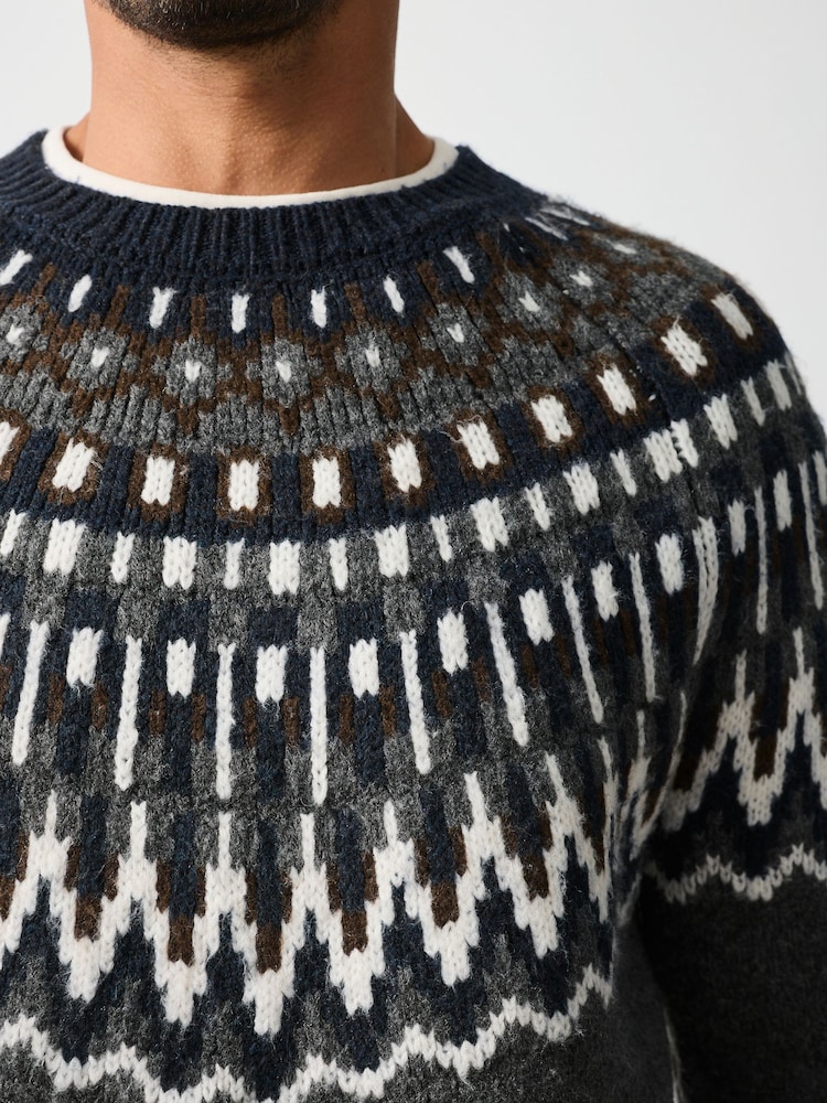 Szary - Fair Isle Pattern Knitted Crew Neck Jumper - Obraz 5 z 5 Szary - Fair Isle Pattern Knitted Crew Neck Jumper - Obraz 5 z 5