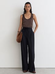 Reiss Navy Solene Petite Wool-Blend Drawstring Wide-Leg Suit Trousers - Image 1 of 8