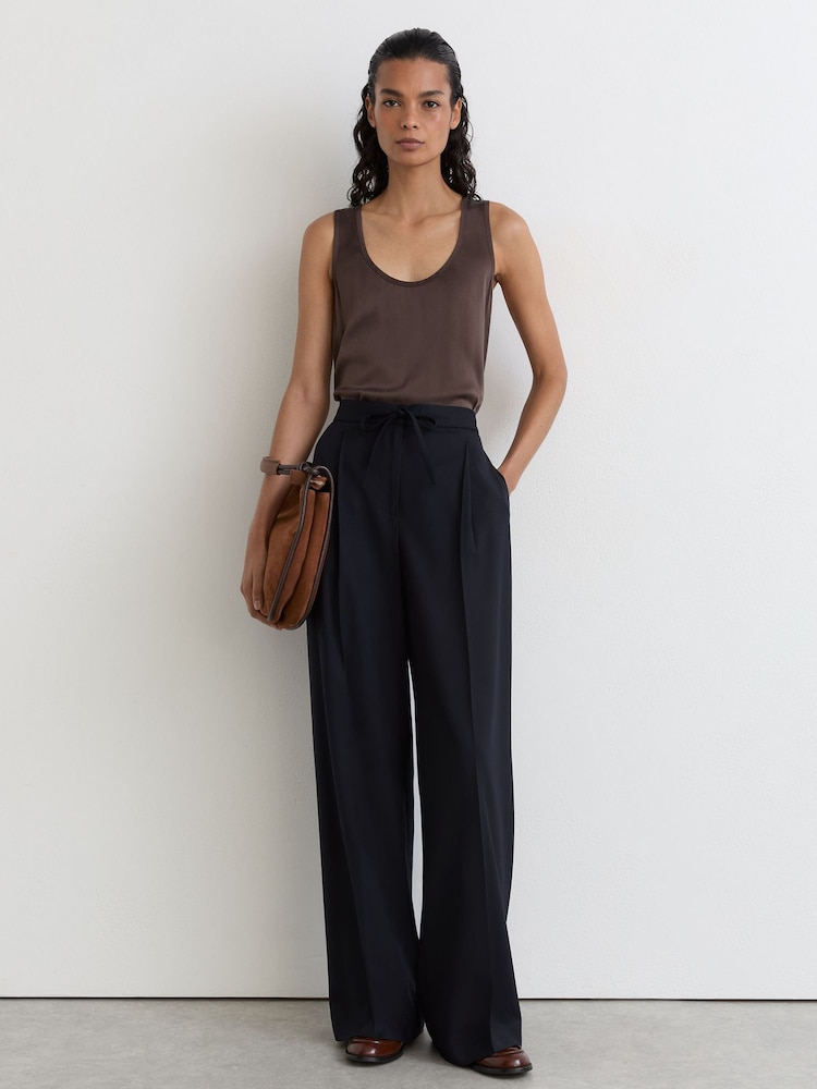 Reiss Navy Solene Petite Wool-Blend Drawstring Wide-Leg Suit Trousers - Image 1 of 8 Reiss Navy Solene Petite Wool-Blend Drawstring Wide-Leg Suit Trousers - Image 1 of 8
