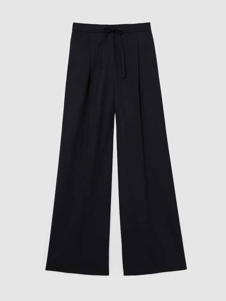 Reiss Navy Solene Petite Wool-Blend Drawstring Wide-Leg Suit Trousers - Image 2 of 8 Reiss Navy Solene Petite Wool-Blend Drawstring Wide-Leg Suit Trousers - Image 2 of 8
