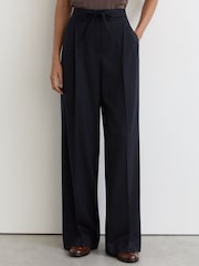 Reiss Navy Solene Petite Wool-Blend Drawstring Wide-Leg Suit Trousers - Image 4 of 8