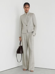 Reiss Neutral Ezra Petite Herringbone Linen-Blend Straight-Leg Suit Trousers - Image 1 of 9