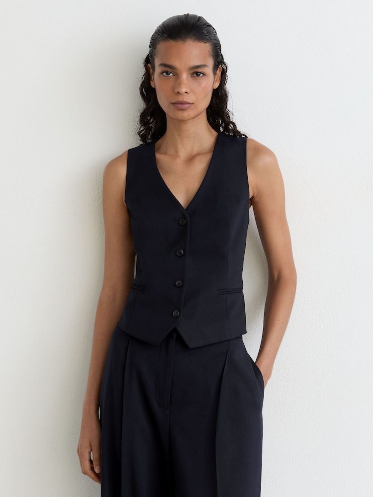 Reiss Navy Solene Wool-Blend Tailored Waistcoat - Image 1 of 6 Reiss Navy Solene Wool-Blend Tailored Waistcoat - Image 1 of 6