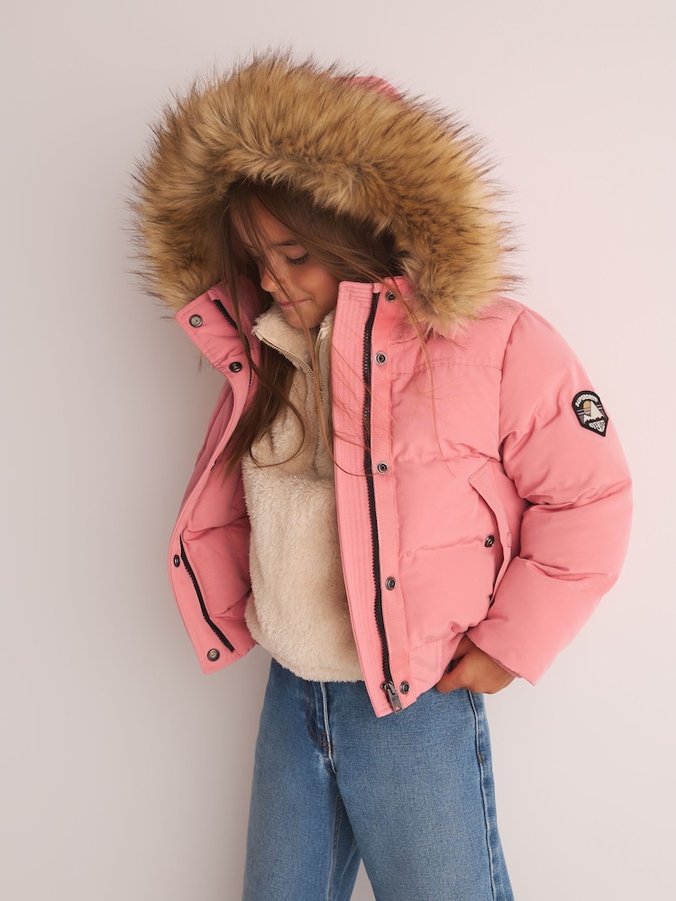 Superdry Rose Pink Everest Padded Bomber Coat - Image 1 of 16 Superdry Rose Pink Everest Padded Bomber Coat - Image 1 of 16
