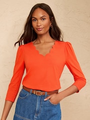 Love & Roses Orange 3/4 Sleeve Scallop V-Neck Jersey Top - Image 1 of 4