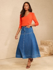 Love & Roses Orange 3/4 Sleeve Scallop V-Neck Jersey Top - Image 3 of 4