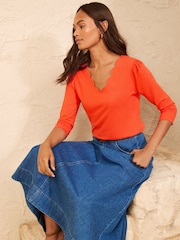 Love & Roses Orange 3/4 Sleeve Scallop V-Neck Jersey Top - Image 4 of 4