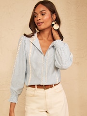 Love & Roses Blue and White Stripe 3/4 Sleeve Broderie Jersey Shirt - Image 2 of 5