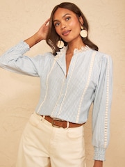 Love & Roses Blue and White Stripe 3/4 Sleeve Broderie Jersey Shirt - Image 4 of 5