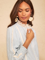 Love & Roses Blue and White Stripe 3/4 Sleeve Broderie Jersey Shirt - Image 5 of 5