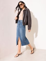 Friends Like These Mid Blue Split Front Denim Midi Skirt - Image 1 of 4