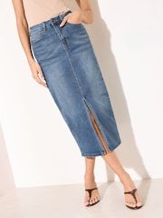 Friends Like These Mid Blue Split Front Denim Midi Skirt - Image 3 of 4