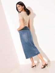 Friends Like These Mid Blue Split Front Denim Midi Skirt - Image 4 of 4