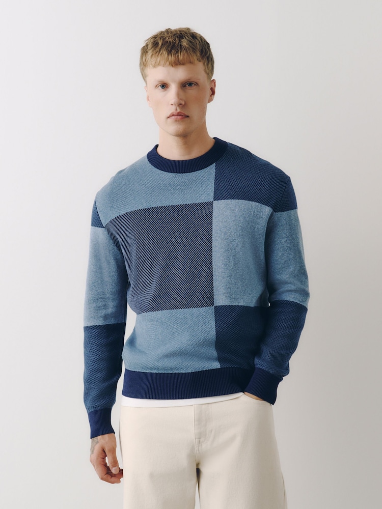 Blue Check Crew Neck Jumper - Image 1 of 8