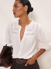 Lipsy White Broderie Insert Trim Grandad Shirt - Image 1 of 5