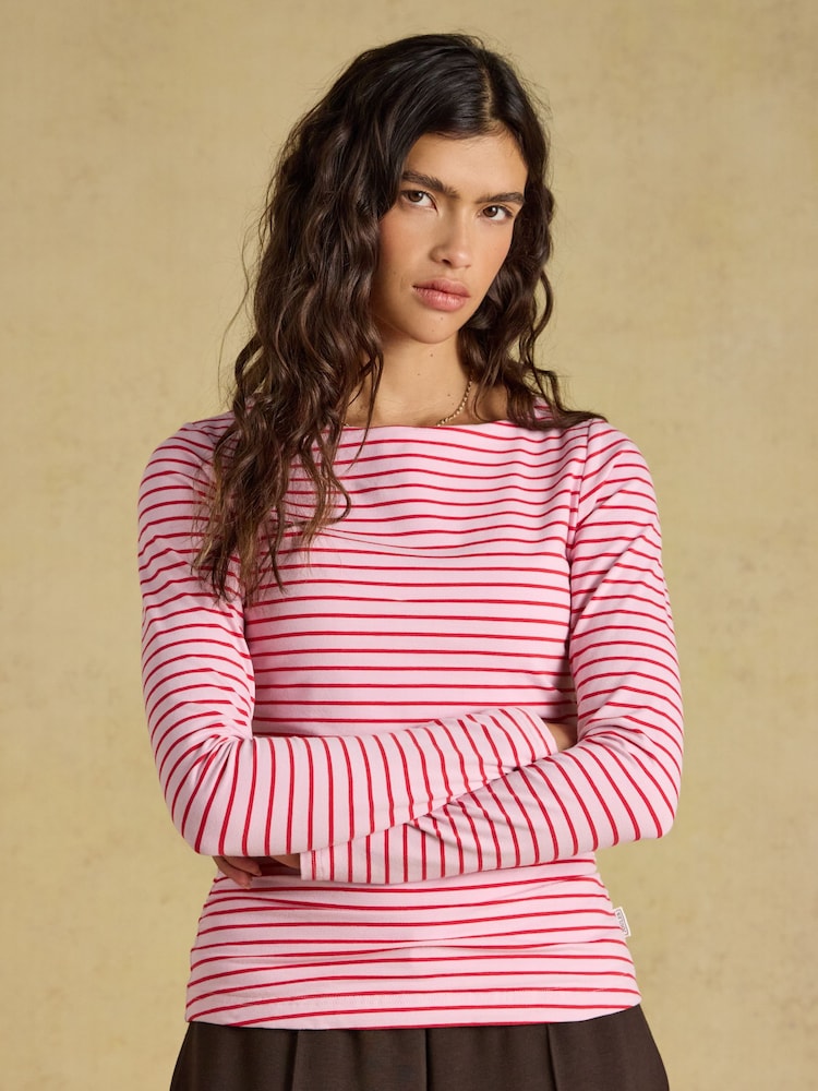 Joules Pink/Red Double Layer Front Long Sleeve Boat Neck Jersey Top - Image 1 of 8 Joules Pink/Red Double Layer Front Long Sleeve Boat Neck Jersey Top - Image 1 of 8
