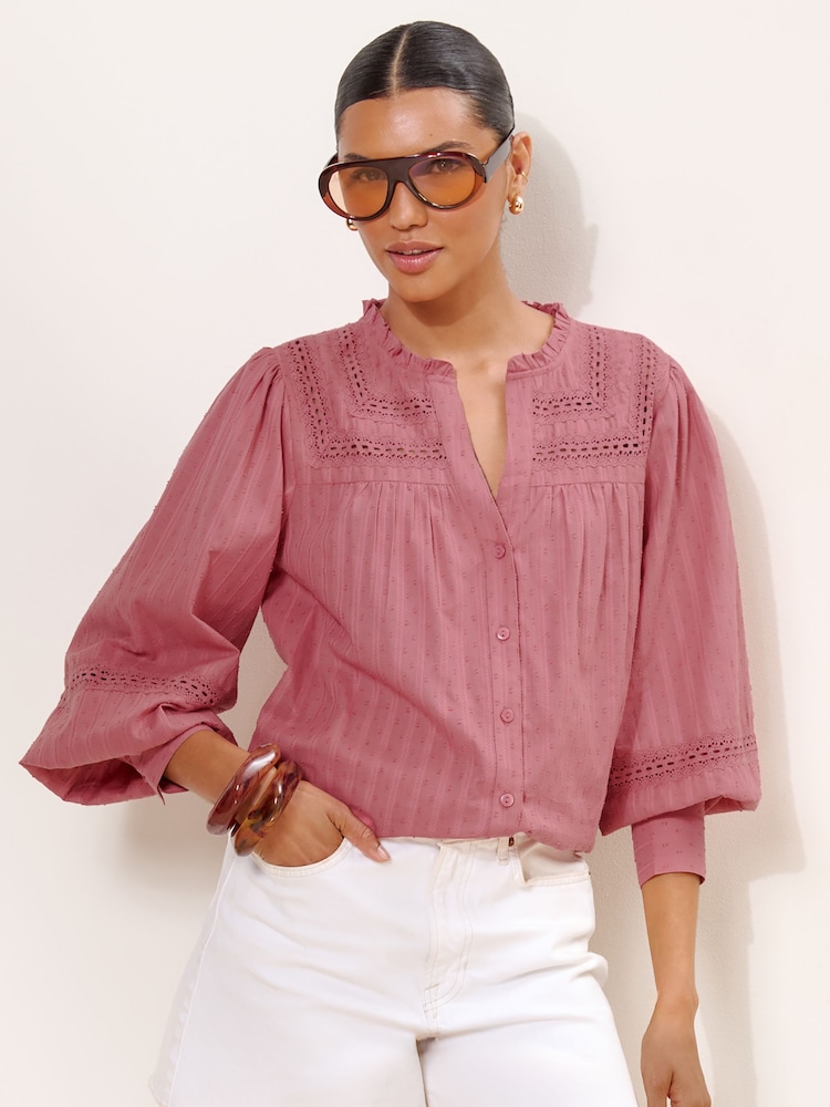 Lipsy Pink Broderie Insert Trim Grandad Shirt - Image 1 of 5 Lipsy Pink Broderie Insert Trim Grandad Shirt - Image 1 of 5