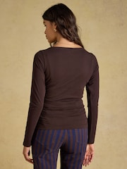 Joules Chocolate Brown Double Layer Front Long Sleeve Boat Neck Jersey Top - Image 2 of 7