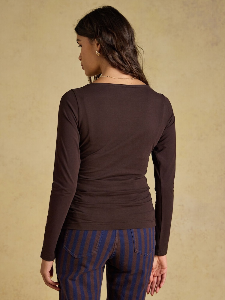 Joules Chocolate Brown Double Layer Front Long Sleeve Boat Neck Jersey Top - Image 2 of 7 Joules Chocolate Brown Double Layer Front Long Sleeve Boat Neck Jersey Top - Image 2 of 7