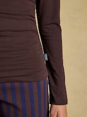 Joules Chocolate Brown Double Layer Front Long Sleeve Boat Neck Jersey Top - Image 4 of 7
