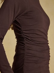 Joules Chocolate Brown Double Layer Front Long Sleeve Boat Neck Jersey Top - Image 6 of 7