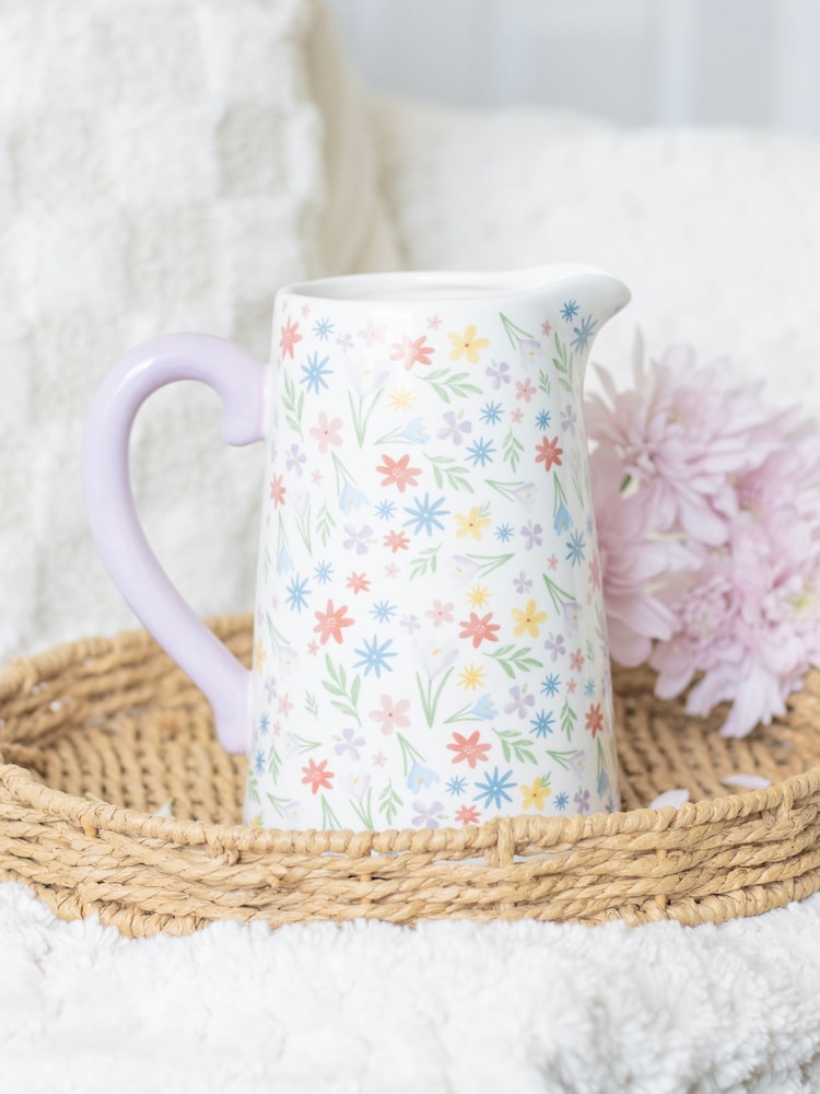 Something Different White Spring Floral Print Ceramic Flower Jug - Image 1 of 5 Something Different White Spring Floral Print Ceramic Flower Jug - Image 1 of 5