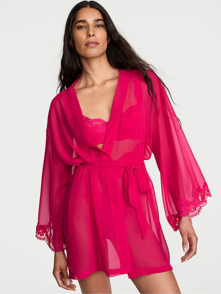 Victoria's Secret Vibrant Fuschia Pink Chiffon & Lace Short Robe - Image 1 of 2 Victoria's Secret Vibrant Fuschia Pink Chiffon & Lace Short Robe - Image 1 of 2