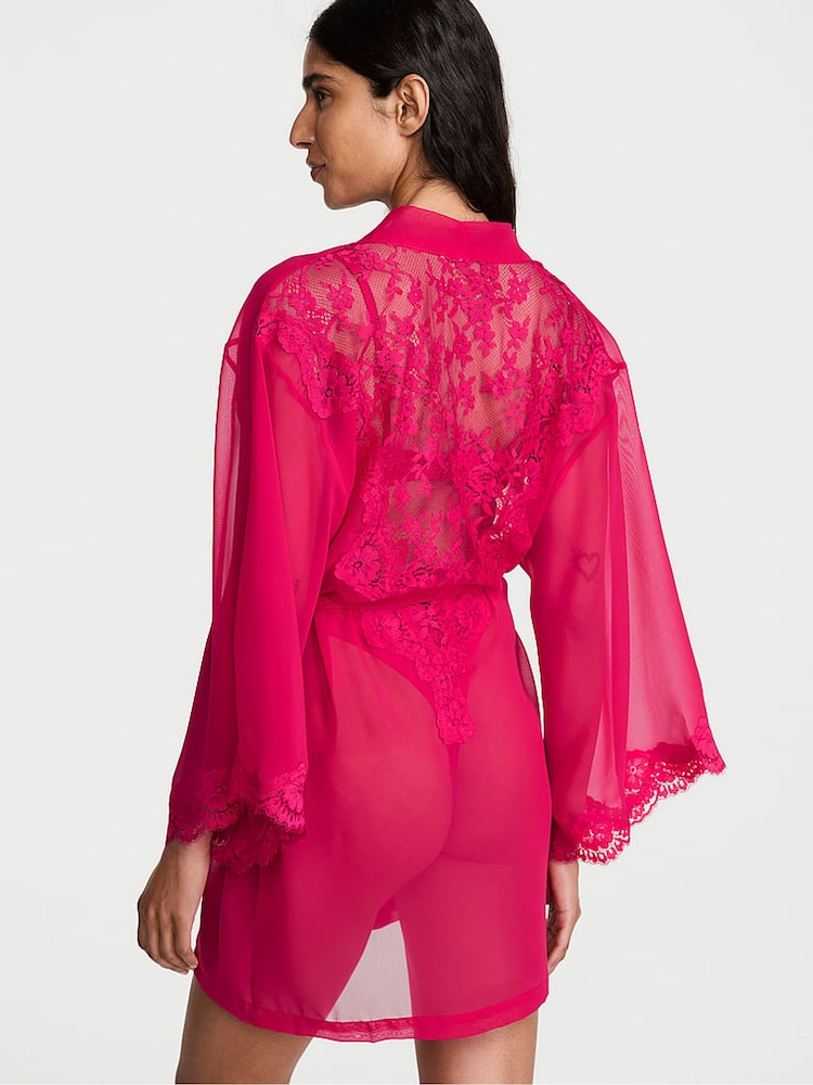 Victoria's Secret Vibrant Fuschia Pink Chiffon & Lace Short Robe - Image 2 of 2 Victoria's Secret Vibrant Fuschia Pink Chiffon & Lace Short Robe - Image 2 of 2