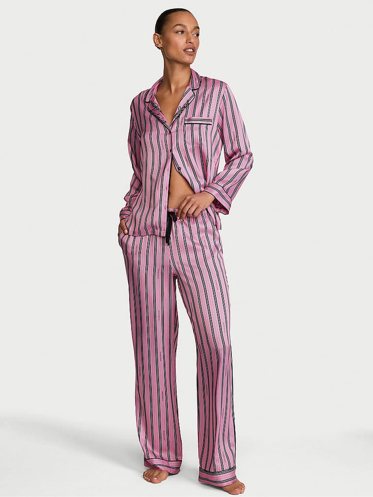 Victoria's Secret Pink Stripe Satin Long Pyjamas Set - Image 1 of 3