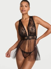 Victoria's Secret Black Lace Plunge Babydoll Set - Image 1 of 2