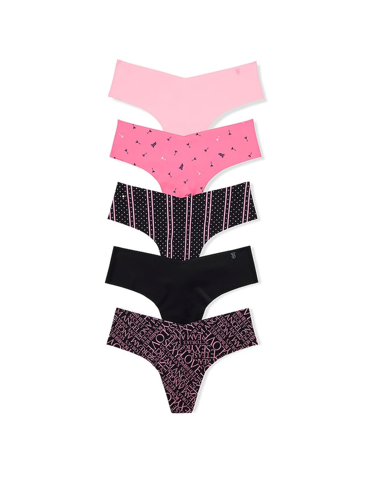 Victoria's Secret Pink/Black Thong 5 Pack Knickers - Image 1 of 3