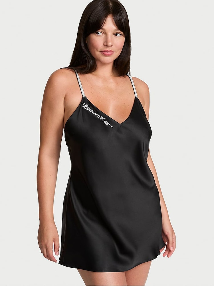 Victoria's Secret Black Mini Shine Script Satin Slip Dress - Image 1 of 2