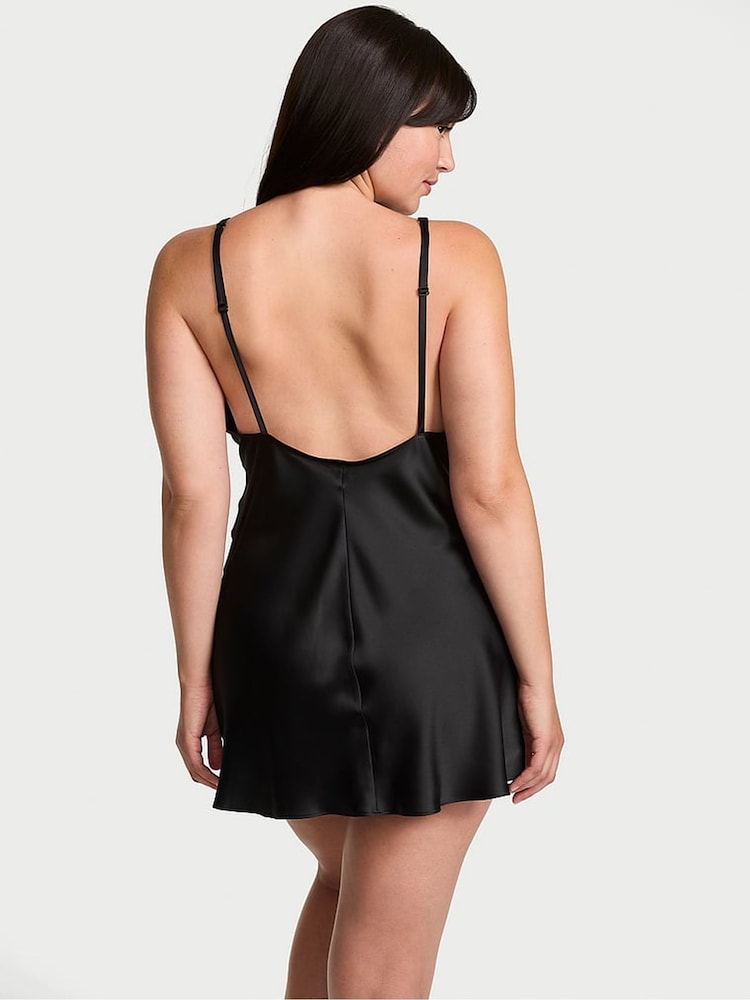 Victoria's Secret Black Mini Shine Script Satin Slip Dress - Image 2 of 2