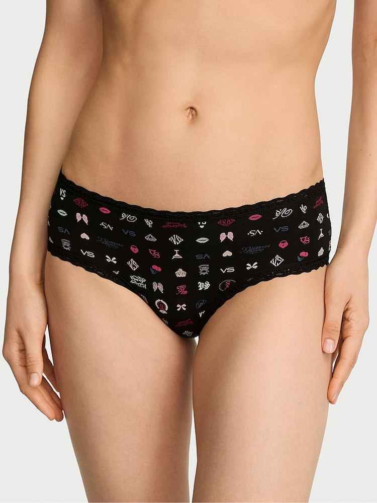 Victoria's Secret Black Logo Cheeky Cotton Lace Trim Knickers - Image 1 of 2 Victoria's Secret Black Logo Cheeky Cotton Lace Trim Knickers - Image 1 of 2