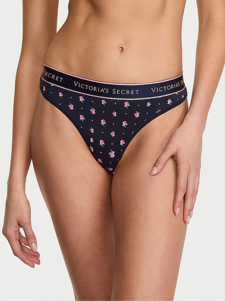 Victoria's Secret Navy Blue Floral Thong Logo Knickers - Image 1 of 2