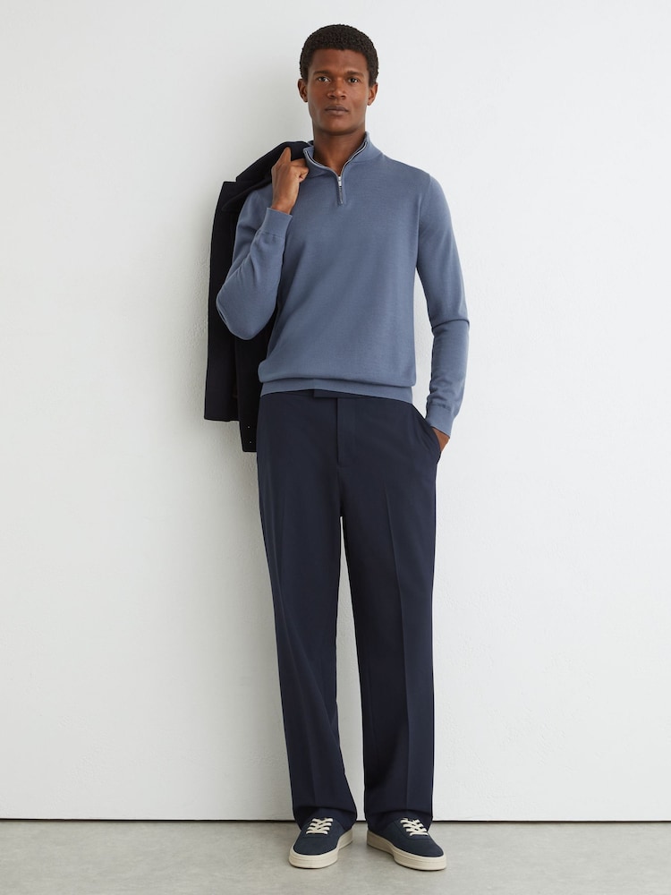 Reiss Airforce Blue/Oatmeal Blackhall Merino Wool Half-Zip Funnel-Neck Jumper - Image 1 of 6 Reiss Airforce Blue/Oatmeal Blackhall Merino Wool Half-Zip Funnel-Neck Jumper - Image 1 of 6
