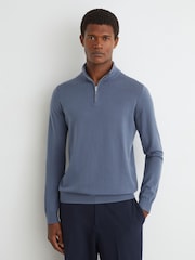 Reiss Airforce Blue/Oatmeal Blackhall Merino Wool Half-Zip Funnel-Neck Jumper - Image 3 of 6