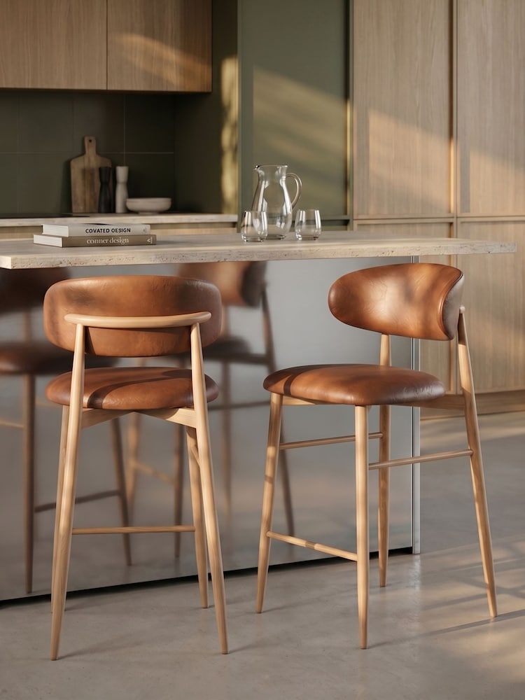 Cult Furniture Set of 2 Vintage Tan Oak Halston Kitchen Stools - Image 1 of 7 Cult Furniture Set of 2 Vintage Tan Oak Halston Kitchen Stools - Image 1 of 7