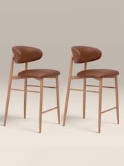 Cult Furniture Set of 2 Vintage Tan Oak Halston Kitchen Stools - Image 2 of 7
