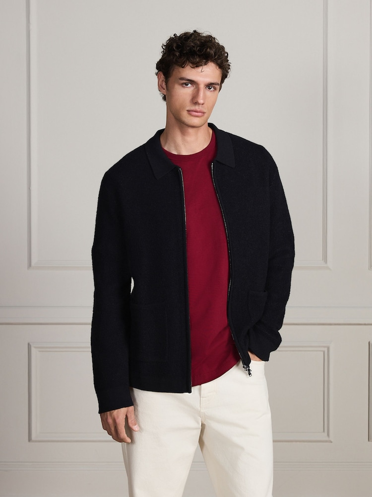 Black Signature Boiled Wool Zip Up Knitted Jacket - Image 1 of 5 Black Signature Boiled Wool Zip Up Knitted Jacket - Image 1 of 5