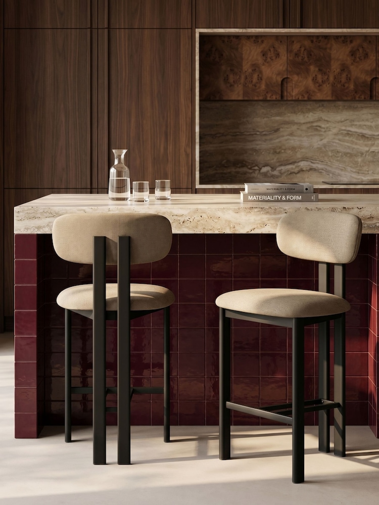 Cult Furniture Set of 2 Latte & Black Arbor Velvet Kitchen Stools - Image 1 of 7 Cult Furniture Set of 2 Latte & Black Arbor Velvet Kitchen Stools - Image 1 of 7