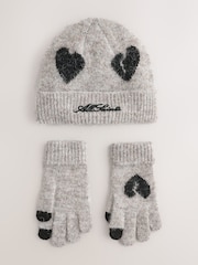 smALLSAINTS Brown Script Logo Knitted Heart Motif Beanie and Gloves Set - Image 1 of 4
