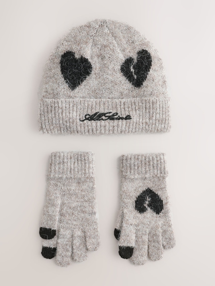 smALLSAINTS Brown Script Logo Knitted Heart Motif Beanie and Gloves Set - Image 1 of 4 smALLSAINTS Brown Script Logo Knitted Heart Motif Beanie and Gloves Set - Image 1 of 4