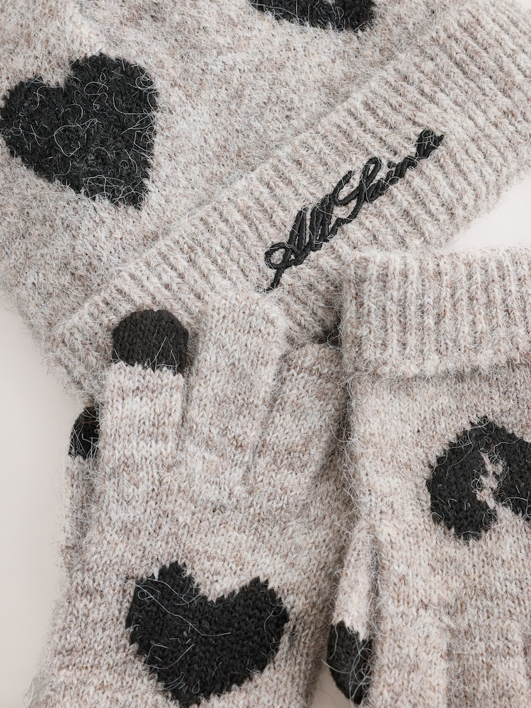 smALLSAINTS Brown Script Logo Knitted Heart Motif Beanie and Gloves Set - Image 2 of 4 smALLSAINTS Brown Script Logo Knitted Heart Motif Beanie and Gloves Set - Image 2 of 4